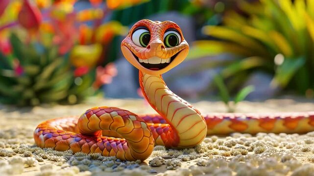 Expressive Cartoon Snake Character in Vivid Colors with Engaging Eye Contact