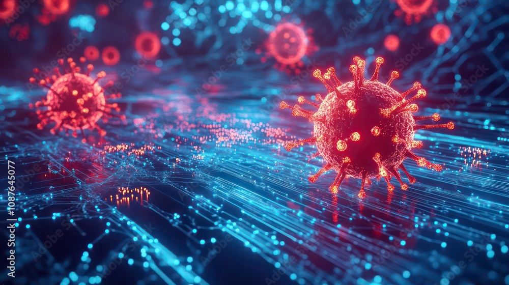 Poster interactive 3d digital representation of a malware infection, with glowing viruses spreading through