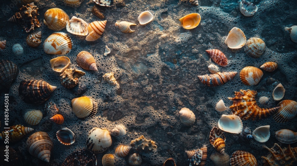 Poster a collection of colorful seashells scattered on a sandy surface with gentle waves.