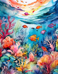 A vibrant underwater scene with colorful coral reefs and fish