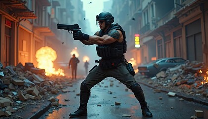 Action scene of a tactical agent in a tense urban setting, aiming a pistol with a dramatic explosion in the background