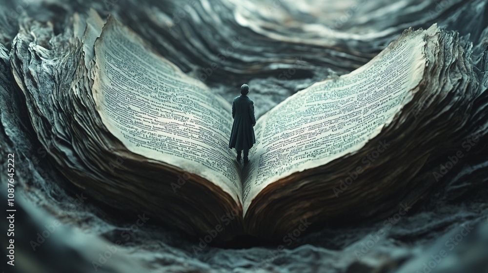 Aufkleber a figure stands on an open book, surrounded by swirling textures that create a surreal, captivating 
