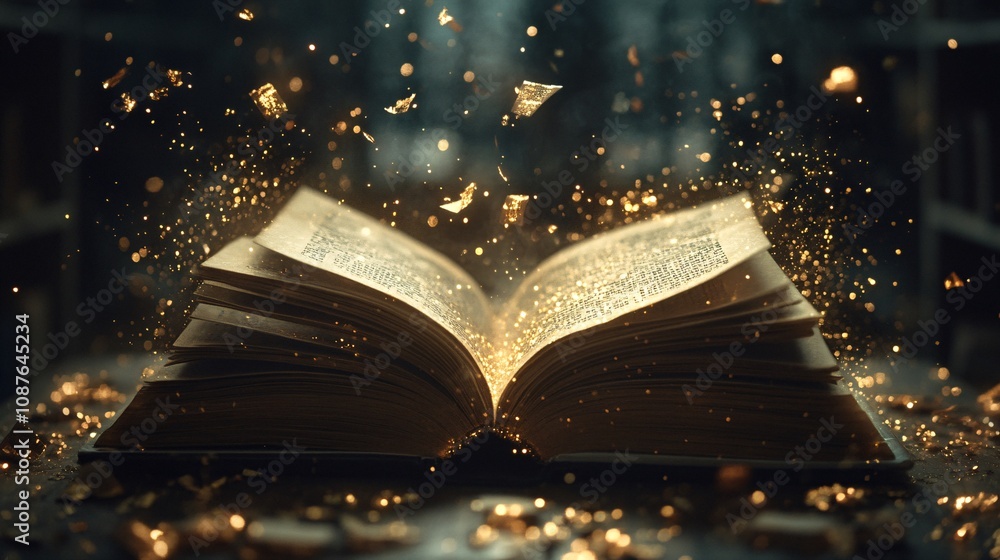 Aufkleber an open, glowing book surrounded by sparkling particles, evoking a sense of magic and wonder in a my