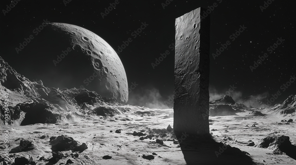 Aufkleber mysterious monolith stands on lunar surface with distant moon rising in the starry night sky. genera