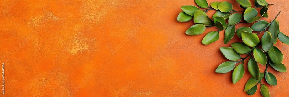 Wall mural Textured orange ceramic surface with soft green leaves creating a fresh and natural atmosphere