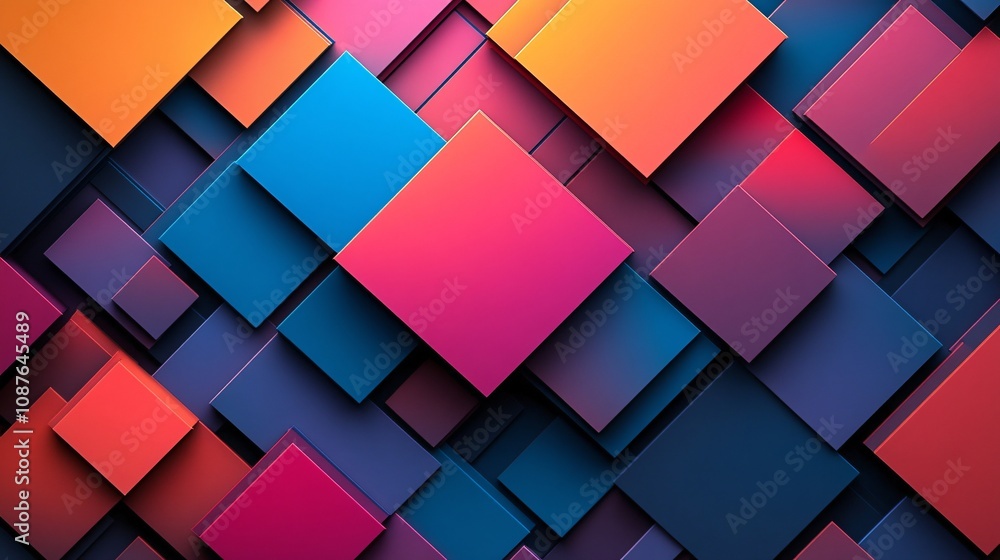 Poster a vibrant abstract pattern featuring layered squares in shades of blue, purple, and orange, creating