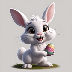 Obraz premium Cheerful cartoon rabbit holding a colorful Easter egg on grassy field with bright expressions during springtime celebration
