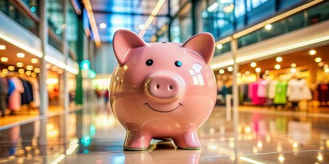 Obraz premium Happy Piggy Bank Shopping Spree AI Photo, Piggy Bank Savings, Shopping, Retail, Finance, Cute, Adorable, Modern, Architecture, Interior, Store, Happy, Joyful, Savings, Success