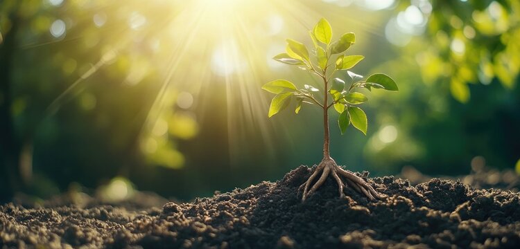 A small tree sapling rooted deeply in the soil with sunlight streaming through its leaves, symbolizing stable growth and development.