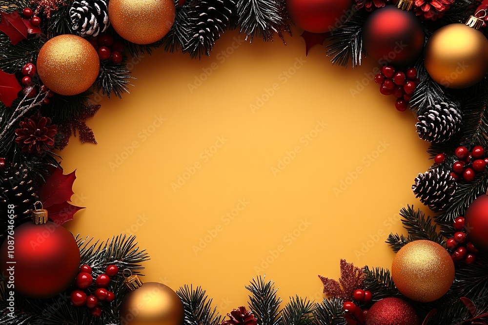 Poster festive christmas wreath frame with red and gold baubles on orange background : generative ai