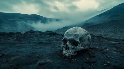 Skull in Desolate Landscape - Eerie skull rests in a foggy, desolate mountain landscape, symbolizing death, loneliness, mystery, the passage of time, and forgotten history.