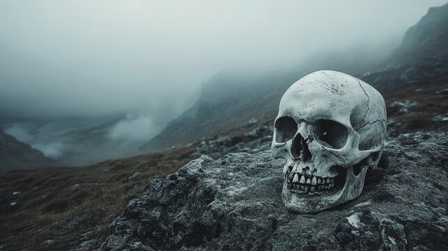 Skull in Desolate Mountain Landscape - Eerie skull rests on a rock in a foggy, desolate mountain landscape, symbolizing mortality, solitude, mystery, nature's power, and time's passage.