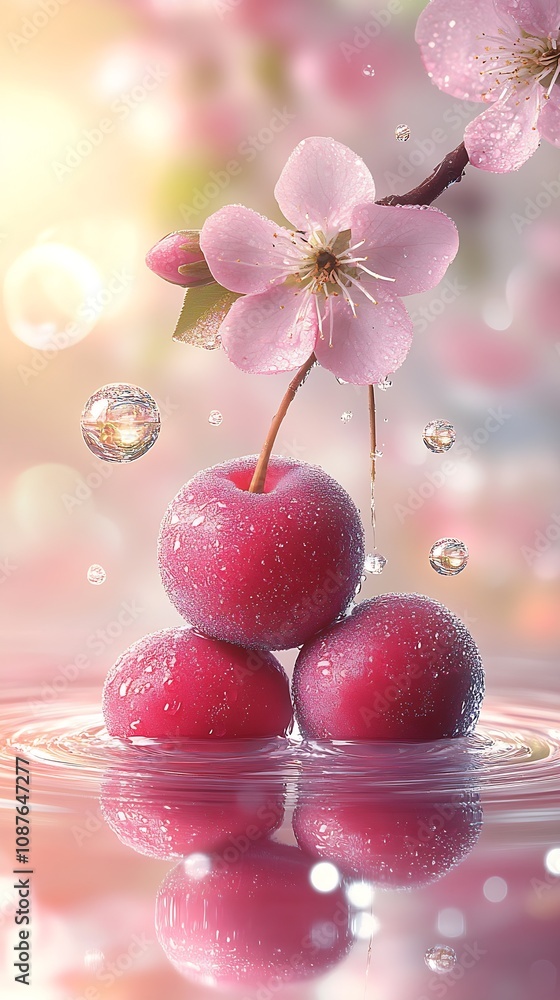 Poster Refreshing Fruit and Flower Composition with Floating Bubbles : Generative AI
