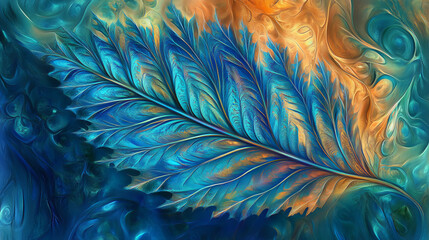 Teal and Gold Fractal Leaf: Digital Painting, Nature, Art, Abstract, Background