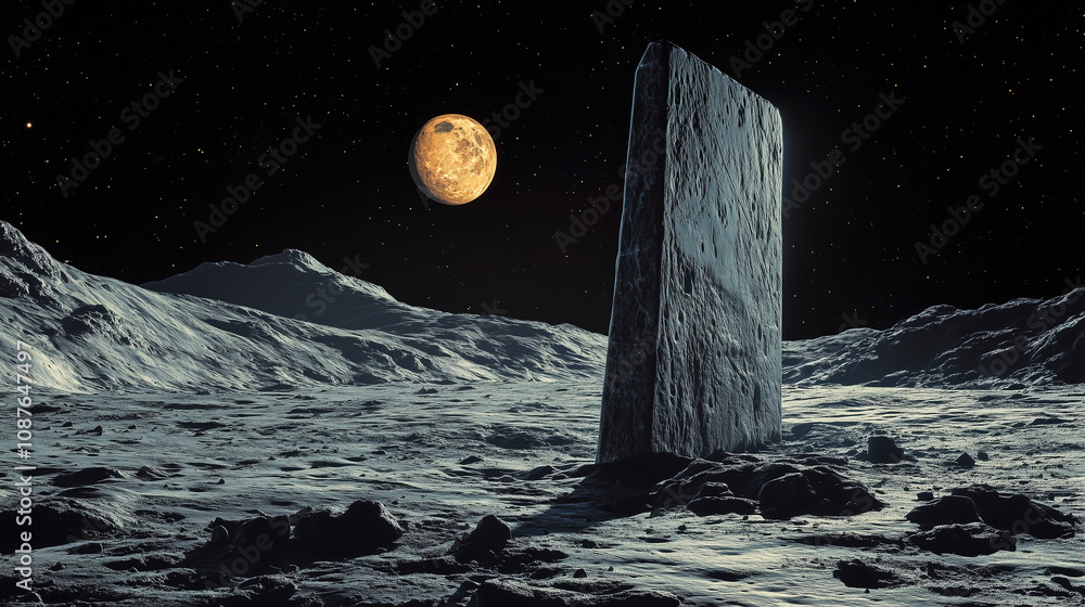 Aufkleber mysterious monolith on the moon illuminated by a celestial body during a tranquil night sky. generat