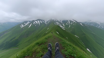 Close-up of feet on a mountain path, moving steadily towards the summit. 