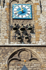 Chimes on the east side of the town hall of the medieval Dutch city of Gouda