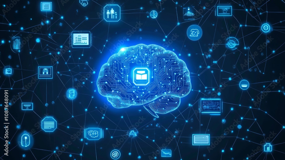 Aufkleber digital brain with network connections and data icons.