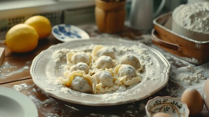 Homemade dumplings with lard on a plate on the kitchen counter