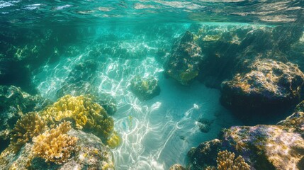 Fototapeta premium Underwater Seascape Sunlit Coral Reef, Rocks, and Ocean