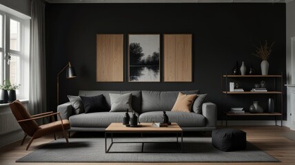 Modern dark living room interior with gray sofa, wooden coffee table, and black shelving unit.