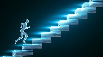 Obraz premium Silhouette of a person running up a staircase made of light. 