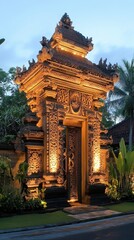 Naklejka premium Warm golden light envelops the intricate designs of a grand Balinese temple gate at sunset