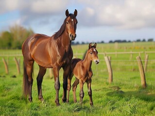 Fototapeta premium Mare Horse. Foal Nursing From Mare in Irish National Stud, County Kildare, Ireland