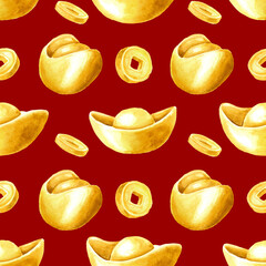 Chinese New Year gold ingot Yuan Bao with golden coins seamless pattern. Symbol of wealth in Feng Shui. Watercolor hand drawn illustration