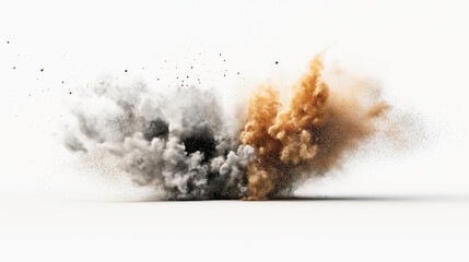 Dynamic explosion of gray and orange powder particles in mid-air on a white background illustrating movement and chaos in abstract form.