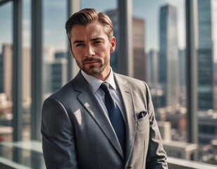 Fototapeta premium A sharp-dressed businessman in a tailored suit poses confidently in a modern office setting with large glass windows overlooking a cityscape in the background
