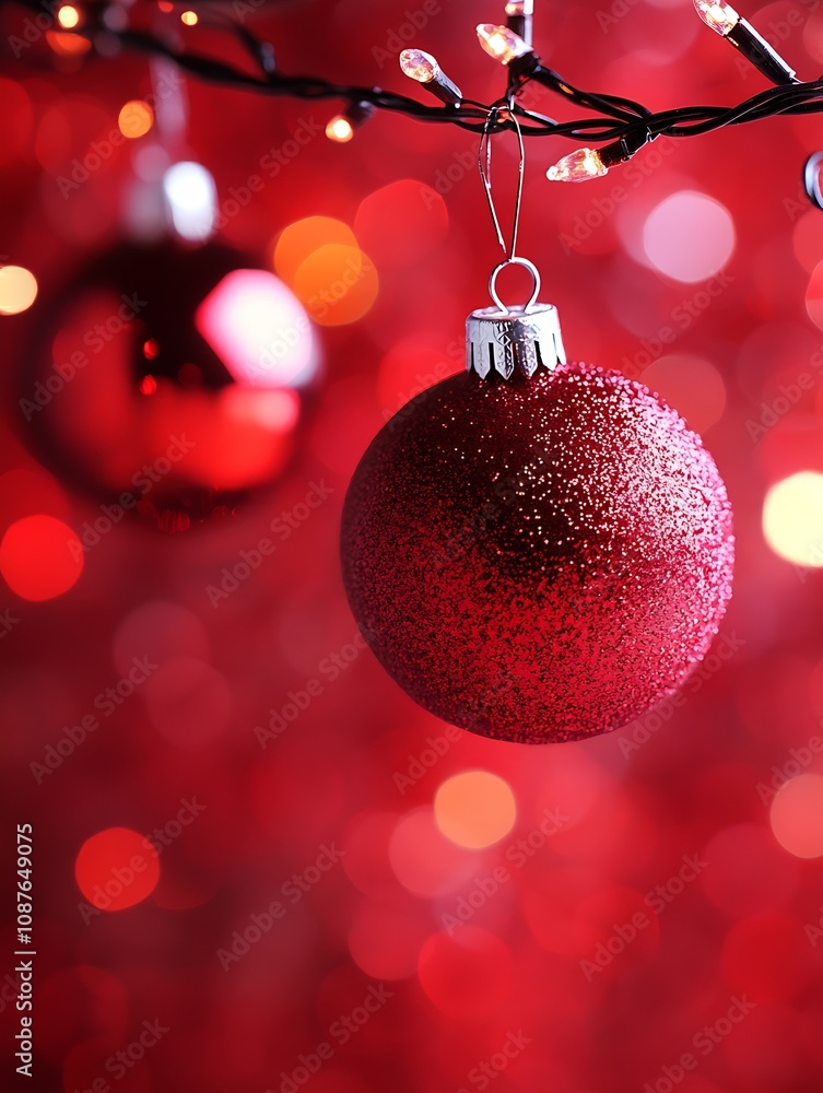 Aufkleber Close Up of Sparkling Red Christmas Ornament with Fairy Lights on Red Background : Generative AI