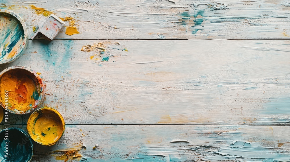 Poster A colorful array of paint containers on a textured wooden surface, ideal for creative projects.