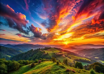 Vibrant hues fill the sunset sky, casting a breathtaking glow over the hills, presenting a peaceful landscape ideal for nature and travel photography.