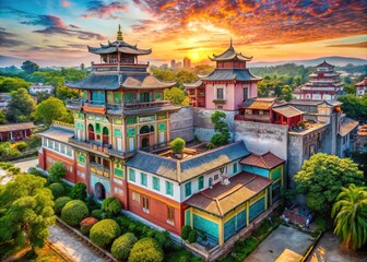 Fototapeta premium Vibrant watercolor murals adorn historic buildings in Asia, celebrating cultural heritage while showcasing the region's rich artistry and transforming urban spaces into canvases.