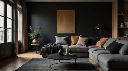 Modern living room with gray sectional sofa, dark walls, and wood accents.