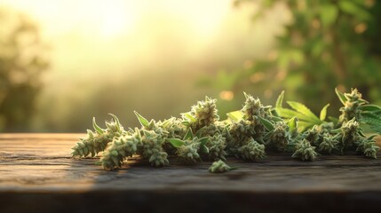 A bunch of marijuana plants are on a wooden table. The plants are green and have a lot of leaves