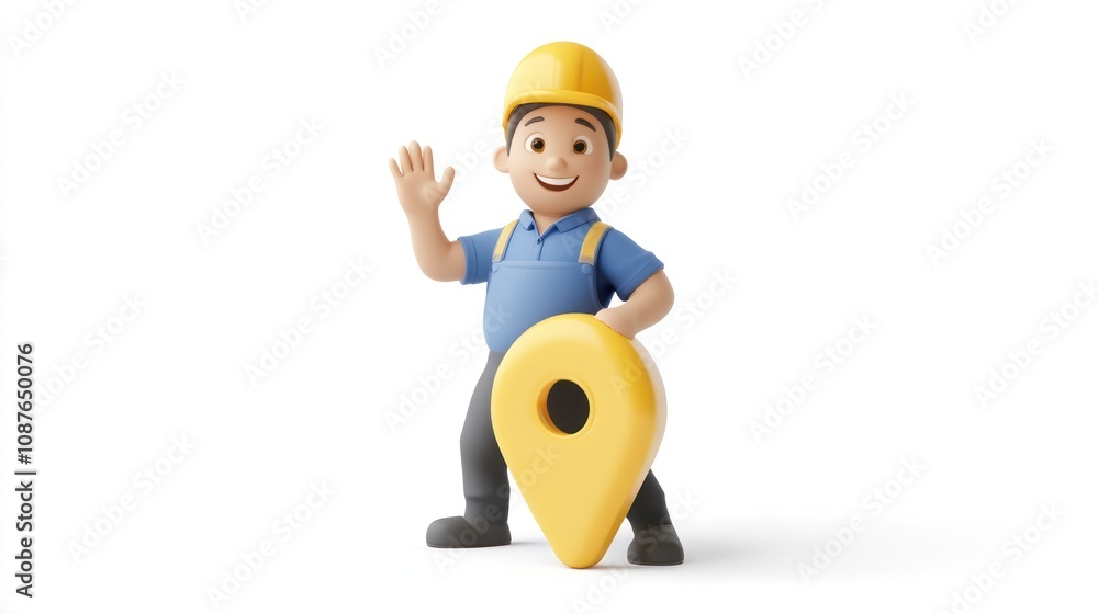 Aufkleber a cheerful construction worker holding a location pin, symbolizing guidance or mapping.