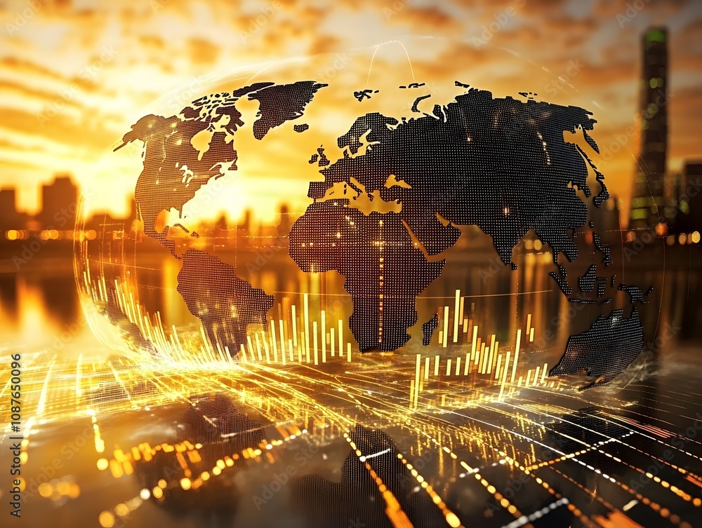 Poster Global Digital Network with Data Visualization and World Map Over Sunset Skyline Creating a Futuristic Technology Concept for Business and Connectivity