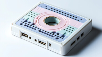 Fototapeta premium Retro cassette tape holder with pastel color design featuring a circular cutout and white casing with slot openings