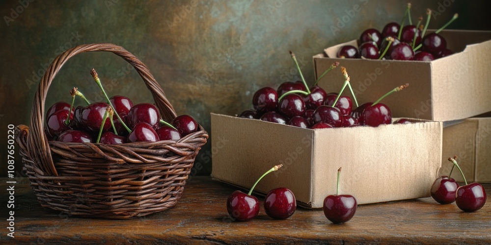 Poster a rustic display of cherries in a basket and boxes, emphasizing freshness and abundance.