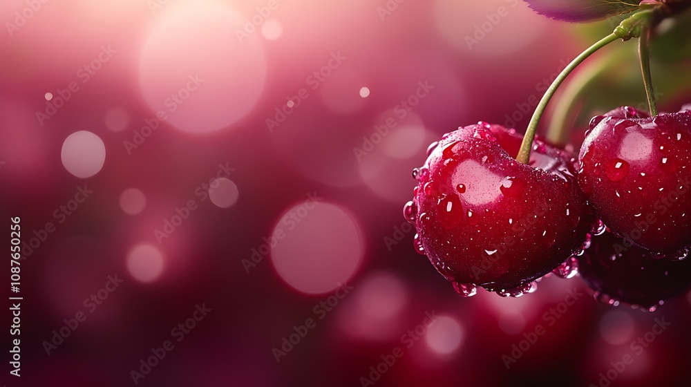 Poster close up of fresh red cherries with water droplets on a pink bokeh background : generative ai