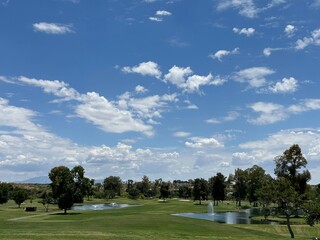 Obraz premium Scenic Golf Course in Arizona with Ponds and Trees Under a Blue Sky