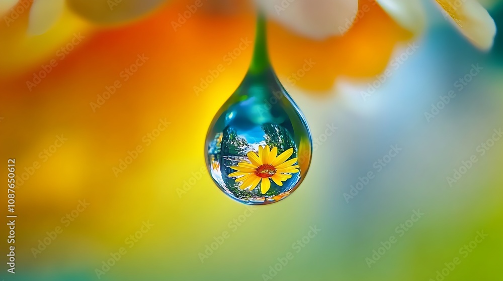 Poster Close-Up of a Vibrant Daisy in Dewdrop Reflection With a Colorful Background : Generative AI