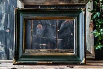 Picture Frame Desk. Blank Brown Frame on Wooden Desk with Copy Space for Decoration