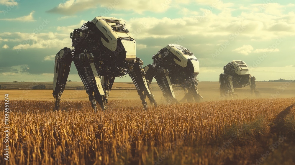 Poster advanced robotics are actively engaged in planting and harvesting crops in a vast, sunlit agricultur