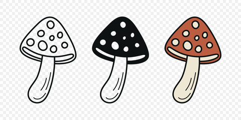 Flat Vector Hand Drawn Cartoon Fly Agaric Mushrooms Outline Illustration. Amanita Muscaria, Fly Agaric Illustration, Mushrooms. Magic Mushroom Icons, Design Template