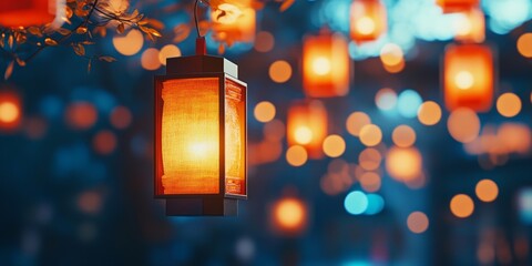 A vibrant display of glowing lanterns creating a magical atmosphere. The warm orange hues dance among a sea of soft blue bokeh lights. Perfect for festive celebrations or cozy gatherings. AI