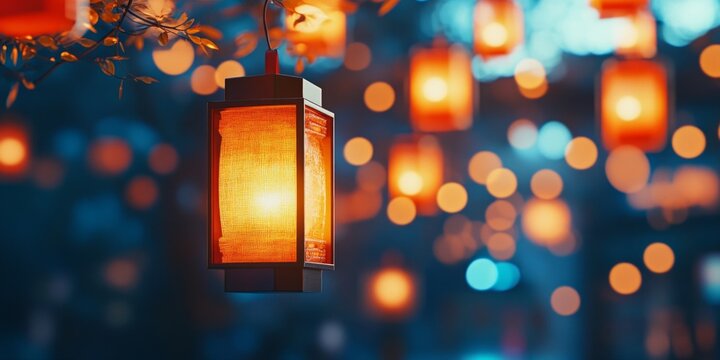 A vibrant display of glowing lanterns creating a magical atmosphere. The warm orange hues dance among a sea of soft blue bokeh lights. Perfect for festive celebrations or cozy gatherings. AI