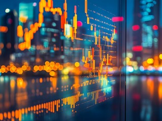 Nighttime cityscape with financial data visualization overlay depicting stock market trends and activities on glass surface with vibrant lights reflecting in the background